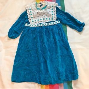 Blue Velvet Lace Ribbon 3/4 Sleeve Dress